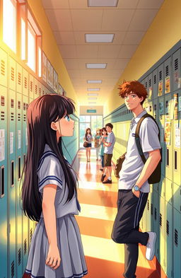 A young high school girl gazing dreamily at her older classmate from across the hallway filled with lockers and posters