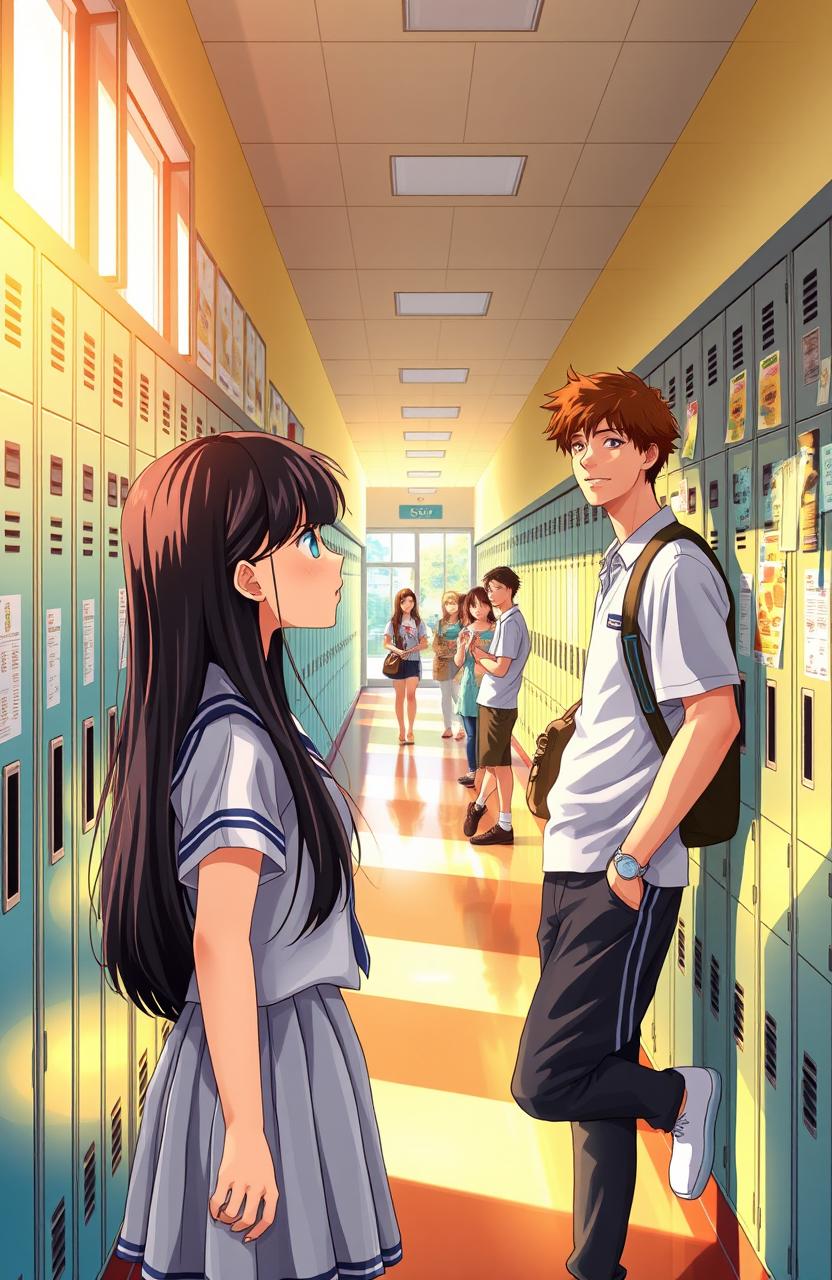 A young high school girl gazing dreamily at her older classmate from across the hallway filled with lockers and posters