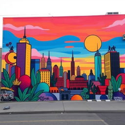 A vibrant mural depicting a city skyline at sunset, with abstract symbols representing various cultures and communities integrated into the design