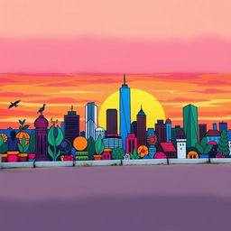 A vibrant mural depicting a city skyline at sunset, with abstract symbols representing various cultures and communities integrated into the design