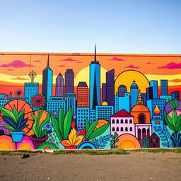 A vibrant mural depicting a city skyline at sunset, with abstract symbols representing various cultures and communities integrated into the design
