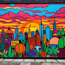 A vibrant mural depicting a city skyline at sunset, with abstract symbols representing various cultures and communities integrated into the design