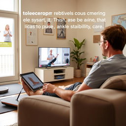 The scene depicts a patient performing telerehabilitation exercises for an ankle sprain at home