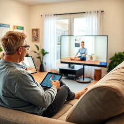 The scene depicts a patient performing telerehabilitation exercises for an ankle sprain at home