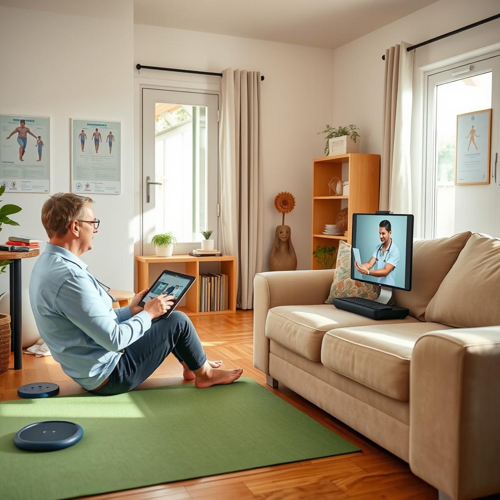 The scene depicts a patient performing telerehabilitation exercises for an ankle sprain at home