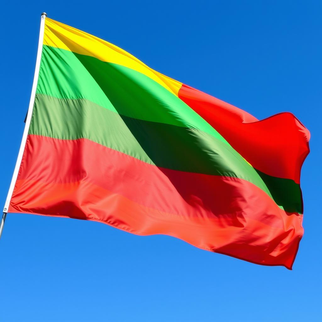 A vibrant flag featuring horizontal stripes of yellow, green, and red