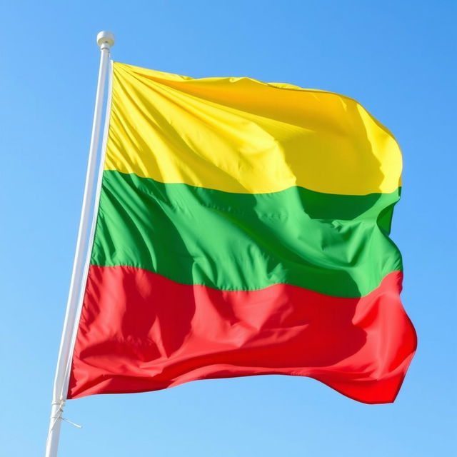 A vibrant flag featuring horizontal stripes of yellow, green, and red