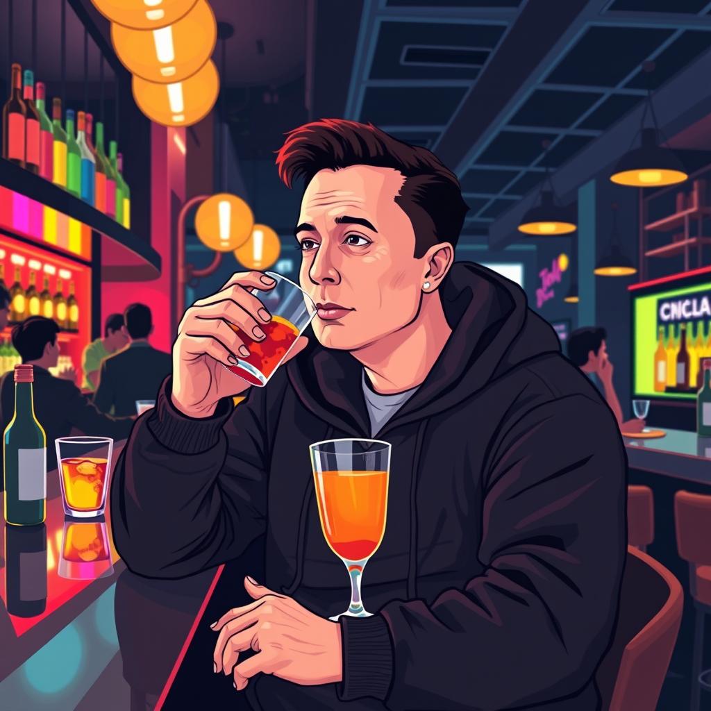 An illustration of a man resembling Elon Musk, dressed in a cozy black hoodie, sitting at a stylish bar while casually sipping a drink