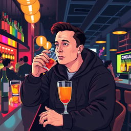 An illustration of a man resembling Elon Musk, dressed in a cozy black hoodie, sitting at a stylish bar while casually sipping a drink