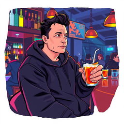 An illustration of a man resembling Elon Musk, dressed in a cozy black hoodie, sitting at a stylish bar while casually sipping a drink