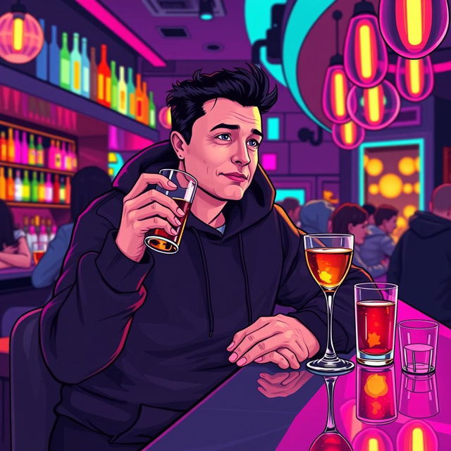 An illustration of a man resembling Elon Musk, dressed in a cozy black hoodie, sitting at a stylish bar while casually sipping a drink
