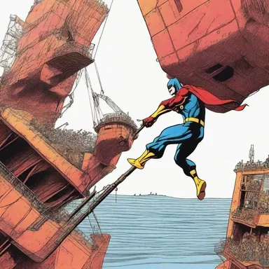 In the comic book series, the superhero swung from an accommodation ladder hanging off a massive cargo ship, saving civilians from imminent danger.