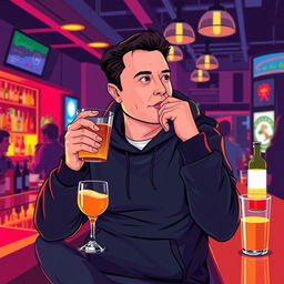 An illustration of a man resembling Elon Musk, dressed in a cozy black hoodie, sitting at a stylish bar while casually sipping a drink