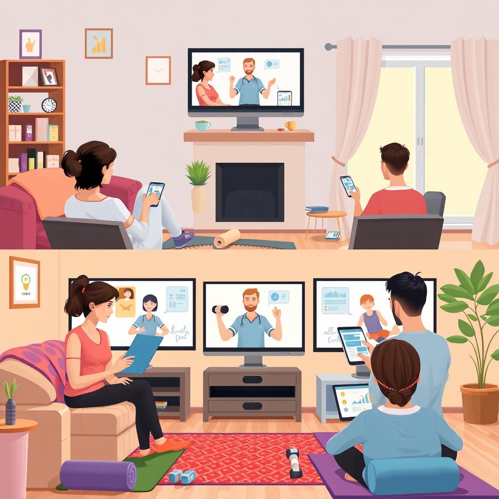 A detailed illustration depicting the concept of telerehabilitation