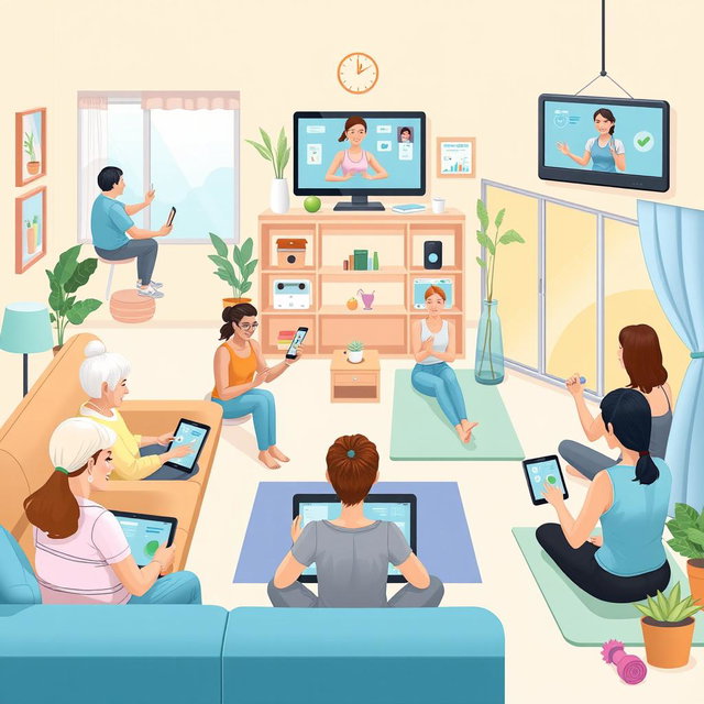 A detailed illustration depicting the concept of telerehabilitation