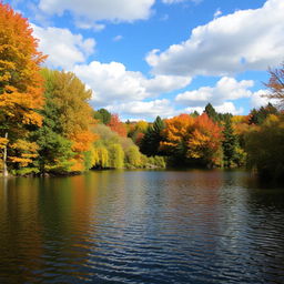 A vibrant landscape featuring a serene lake surrounded by lush green trees with autumn foliage showcasing various shades of orange, yellow, and red
