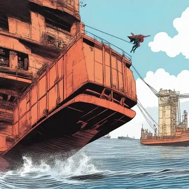 In the comic book series, the superhero swung from an accommodation ladder hanging off a massive cargo ship, saving civilians from imminent danger.