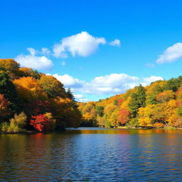 A vibrant landscape featuring a serene lake surrounded by lush green trees with autumn foliage showcasing various shades of orange, yellow, and red