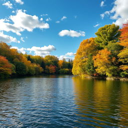 A vibrant landscape featuring a serene lake surrounded by lush green trees with autumn foliage showcasing various shades of orange, yellow, and red