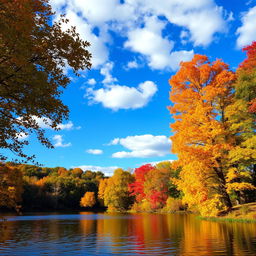 A vibrant landscape featuring a serene lake surrounded by lush green trees with autumn foliage showcasing various shades of orange, yellow, and red