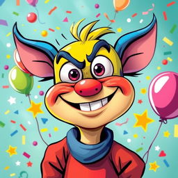 A vibrant and colorful abstract representation of a playful cartoon character with exaggerated features, set against a lively, imaginative backdrop filled with whimsical elements like balloons, confetti, and cartoon stars