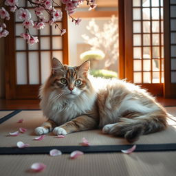 A beautiful Japon cat with a fluffy coat, distinct color patterns, and strikingly expressive eyes