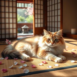 A beautiful Japon cat with a fluffy coat, distinct color patterns, and strikingly expressive eyes