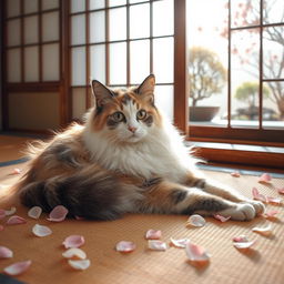 A beautiful Japon cat with a fluffy coat, distinct color patterns, and strikingly expressive eyes