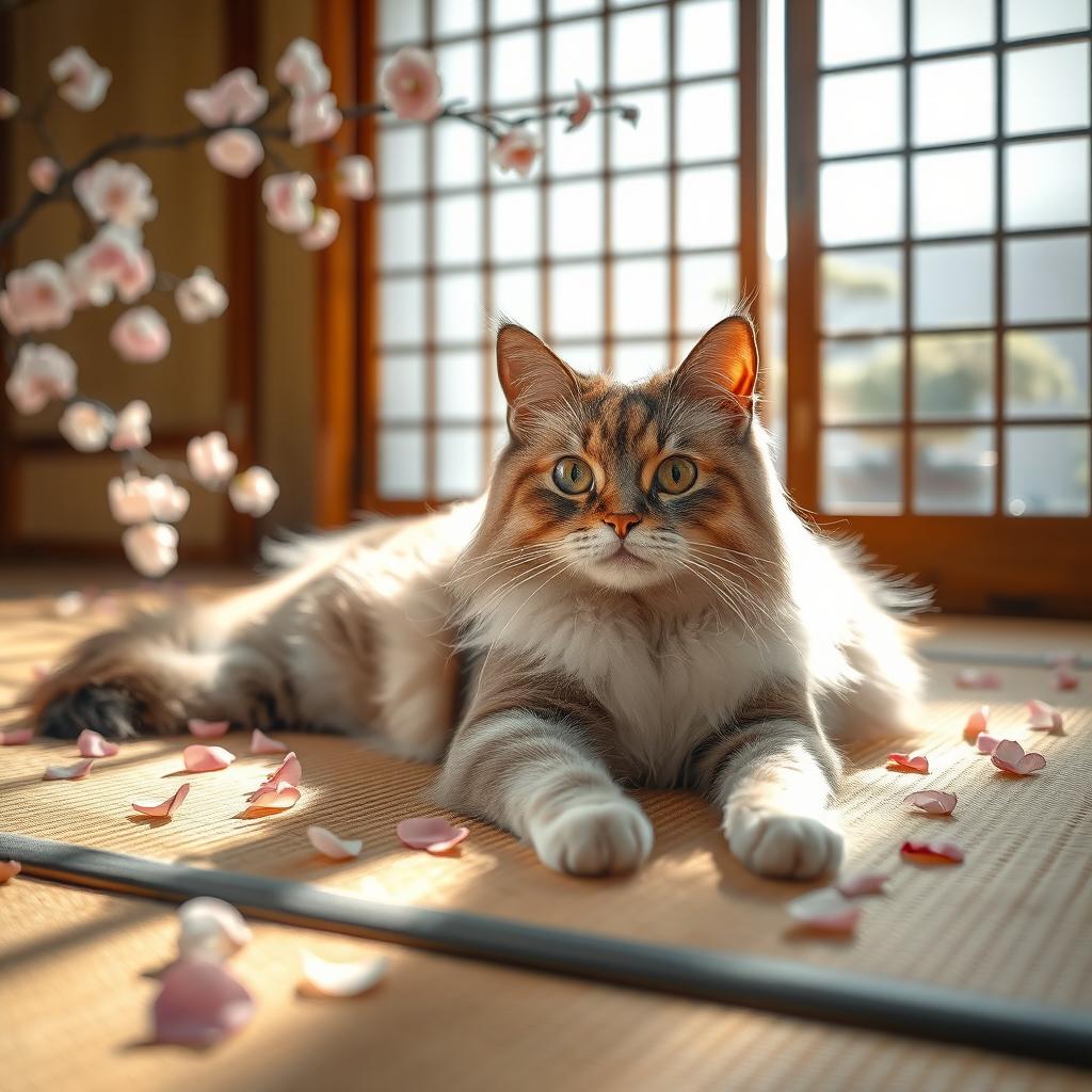 A beautiful Japon cat with a fluffy coat, distinct color patterns, and strikingly expressive eyes