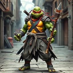A fusion of all four Teenage Mutant Ninja Turtles transformed into a single warrior monk character, clad in heavy armor with a tattered karate gi