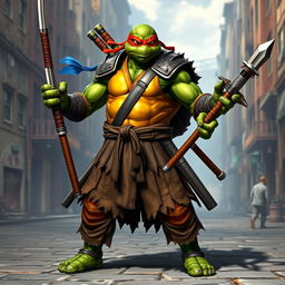A fusion of all four Teenage Mutant Ninja Turtles transformed into a single warrior monk character, clad in heavy armor with a tattered karate gi
