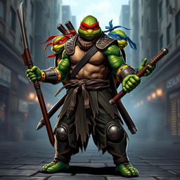 A fusion of all four Teenage Mutant Ninja Turtles transformed into a single warrior monk character, clad in heavy armor with a tattered karate gi