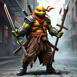 A fusion of all four Teenage Mutant Ninja Turtles transformed into a single warrior monk character, clad in heavy armor with a tattered karate gi