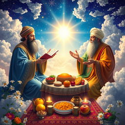 A majestic celestial scene depicting the great poets Hafez, Saadi, and Rumi (Mulana) celebrating Nowruz in a heavenly setting