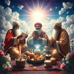 A majestic celestial scene depicting the great poets Hafez, Saadi, and Rumi (Mulana) celebrating Nowruz in a heavenly setting