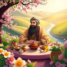 A beautifully detailed illustration of the Persian poet Hafez celebrating Nowruz, surrounded by a vibrant spring landscape filled with blooming flowers and lush greenery