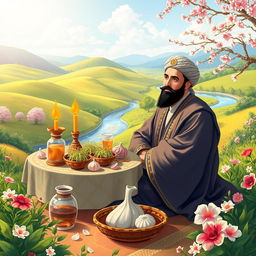 A beautifully detailed illustration of the Persian poet Hafez celebrating Nowruz, surrounded by a vibrant spring landscape filled with blooming flowers and lush greenery