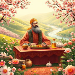 A beautifully detailed illustration of the Persian poet Hafez celebrating Nowruz, surrounded by a vibrant spring landscape filled with blooming flowers and lush greenery