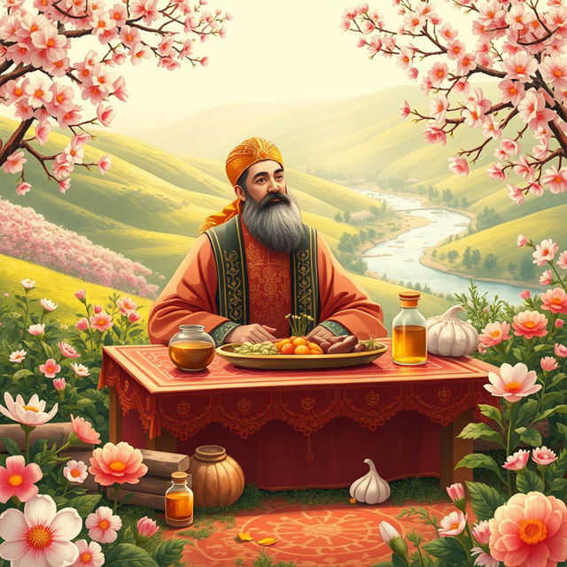 A beautifully detailed illustration of the Persian poet Hafez celebrating Nowruz, surrounded by a vibrant spring landscape filled with blooming flowers and lush greenery