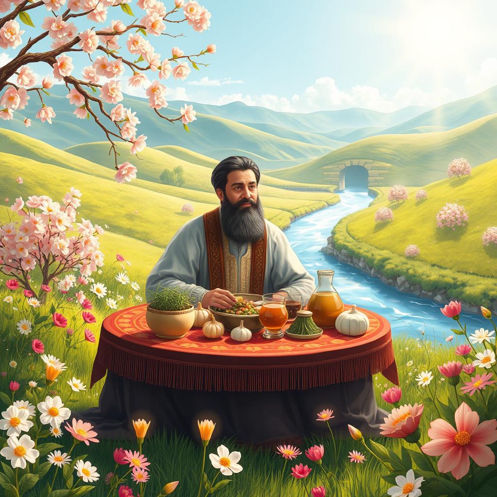 A beautifully detailed illustration of the Persian poet Hafez celebrating Nowruz, surrounded by a vibrant spring landscape filled with blooming flowers and lush greenery