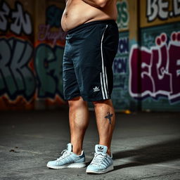 A tall man weighing 140 kg, standing confidently, wearing stylish Adidas shoes