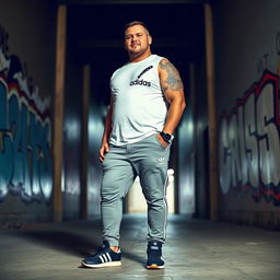 A tall man weighing 140 kg, standing confidently, wearing stylish Adidas shoes