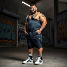 A tall man weighing 140 kg, standing confidently, wearing stylish Adidas shoes