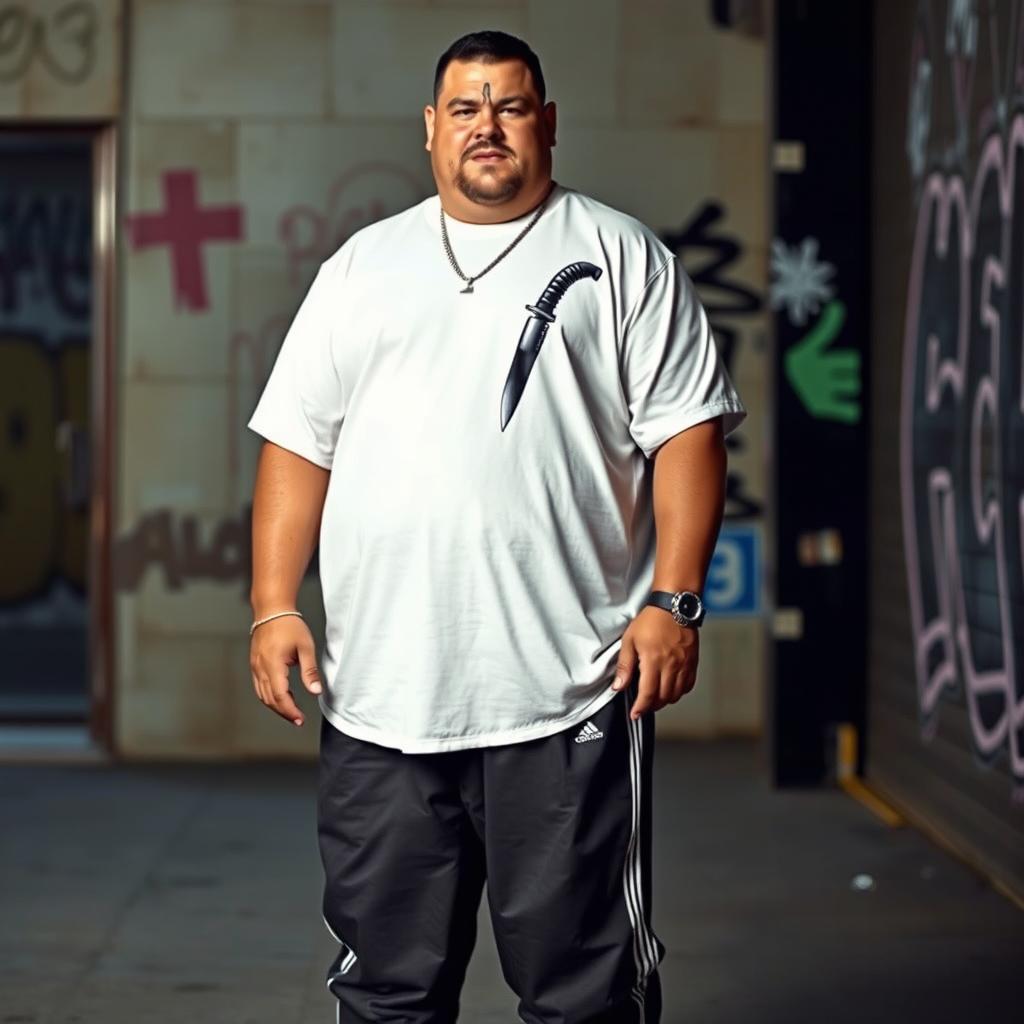 A tall man weighing 140 kg, standing confidently, wearing stylish Adidas shoes