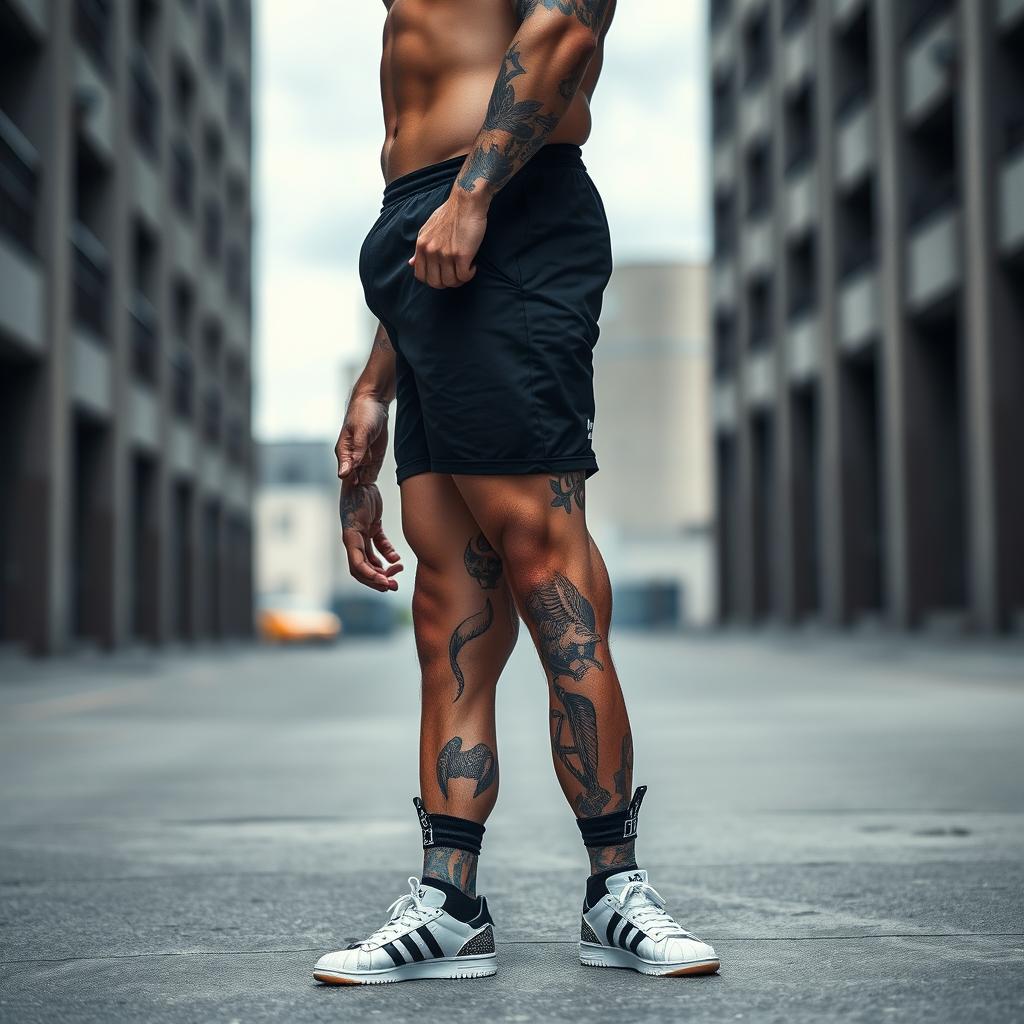 A muscular man weighing 140 kg, towering at 190 cm tall, wearing Adidas shoes with a unique knife design on the side