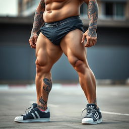 A muscular man weighing 140 kg, towering at 190 cm tall, wearing Adidas shoes with a unique knife design on the side