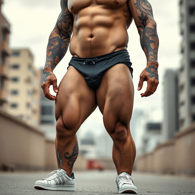 A muscular man weighing 140 kg, towering at 190 cm tall, wearing Adidas shoes with a unique knife design on the side