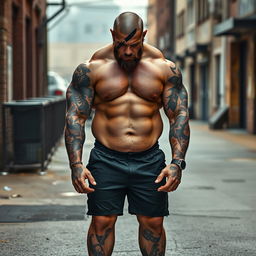A muscular man weighing 140 kg, showcasing a knife mark on his eye