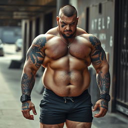 A muscular man weighing 140 kg, showcasing a knife mark on his eye
