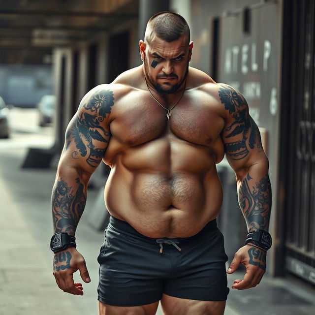 A muscular man weighing 140 kg, showcasing a knife mark on his eye